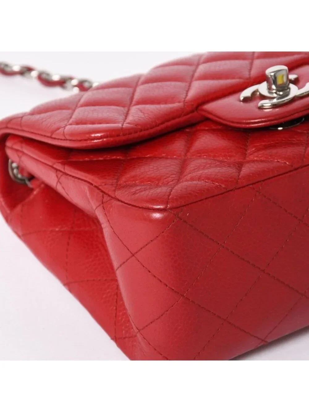 Chanel Mini Quilted 16 Chain Shoulder Bag Caviar Leather Red Silver